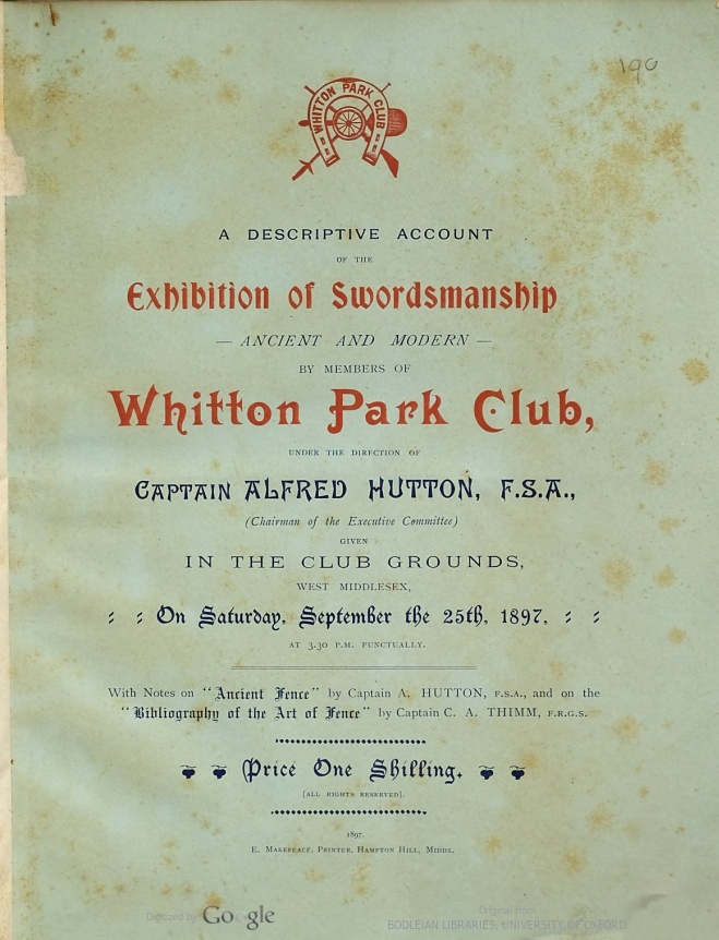 A Descriptive Account of the Exhibition of Swordsmanship by Members of Whitton Park Club