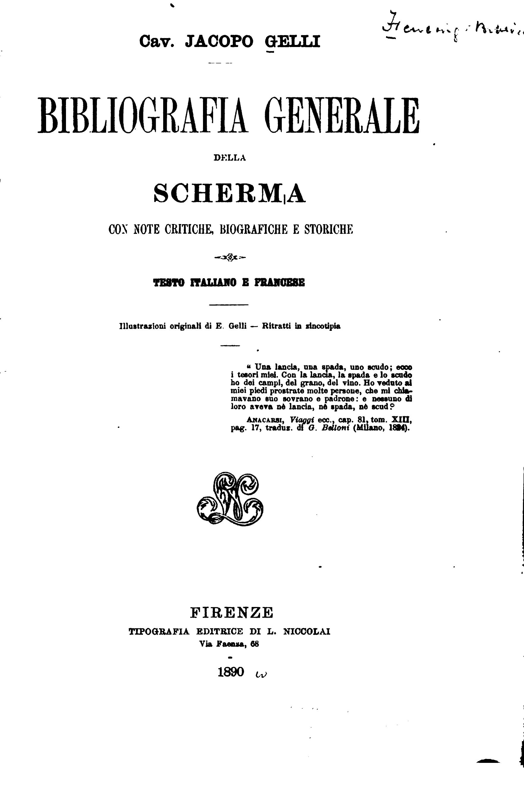 Bibliografia generale della scherma con note critiche, biografiche e storiche